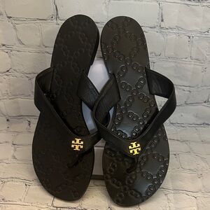 Tory Burch Black Sandals with Gold Logo Like Brand New